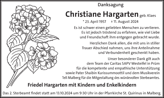 Traueranzeige von Christiane Hargarten von WochenSpiegel