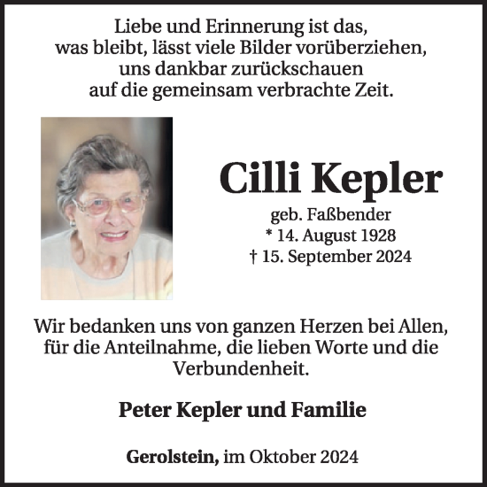 Traueranzeige von Cilli Keppler von WochenSpiegel