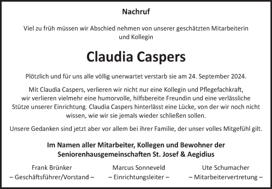 Traueranzeige von Claudia Caspers von WochenSpiegel