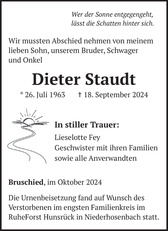 Traueranzeige von Dieter Staudt von WochenSpiegel