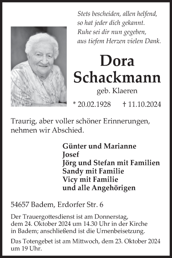 Traueranzeige von Dora Schackmann von WochenSpiegel