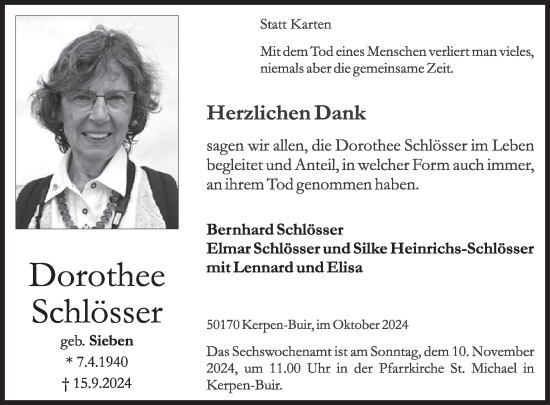 Traueranzeige von Dorothee Schlösser von WochenSpiegel