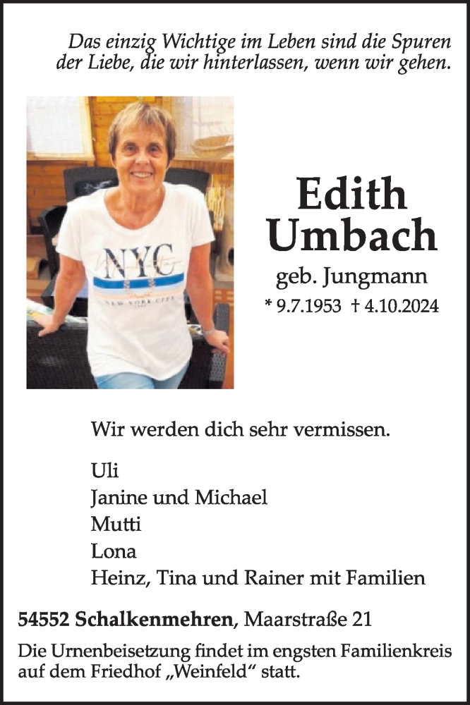  Traueranzeige für Edith Umbach vom 12.10.2024 aus WochenSpiegel