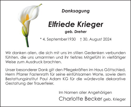 Traueranzeige von Elfriede Krieger von WochenSpiegel