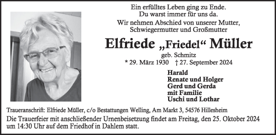 Traueranzeige von Elfriede Müller von WochenSpiegel