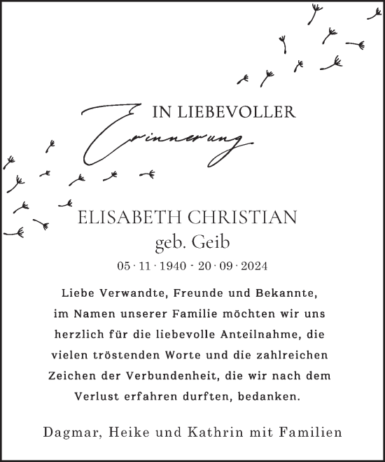 Traueranzeige von Elisabeth Christian von WochenSpiegel