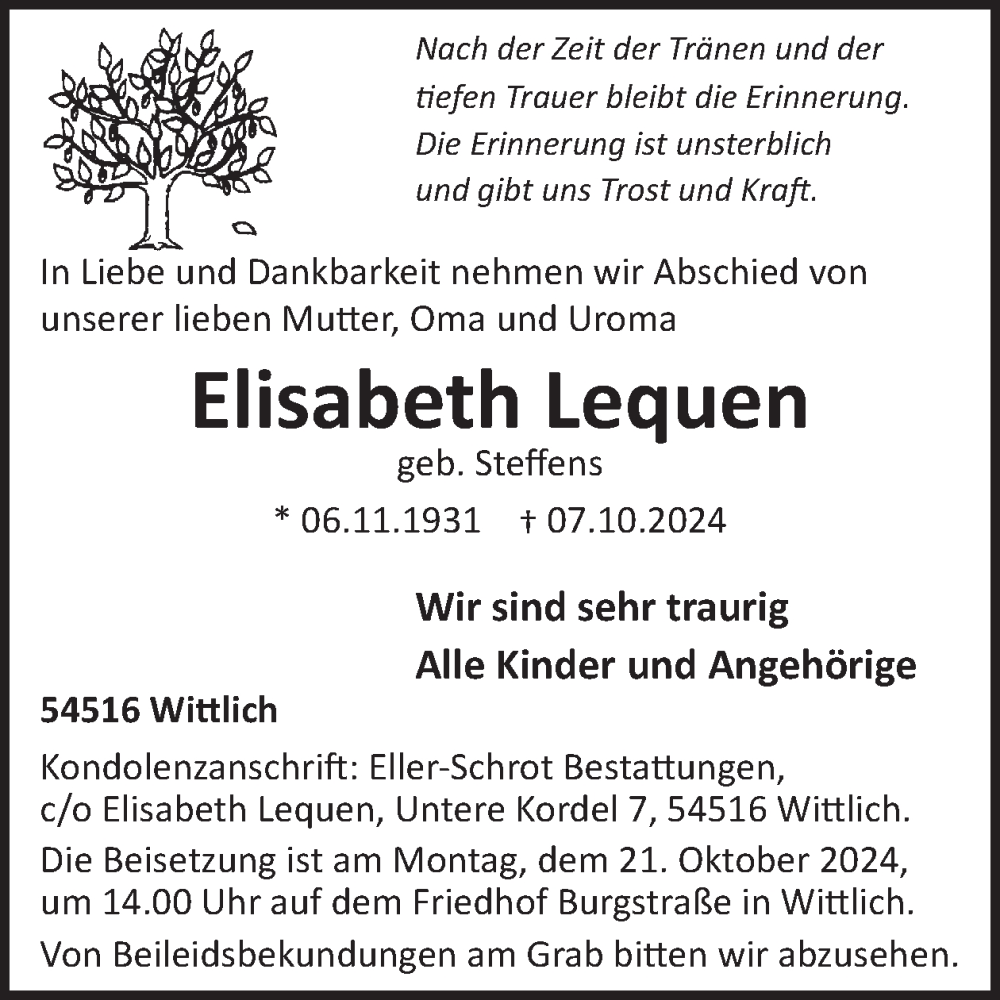  Traueranzeige für Elisabeth Lequen vom 18.10.2024 aus WochenSpiegel