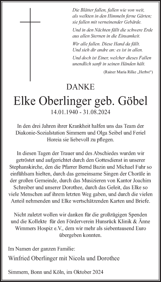 Traueranzeige von Elke Oberlinger von WochenSpiegel