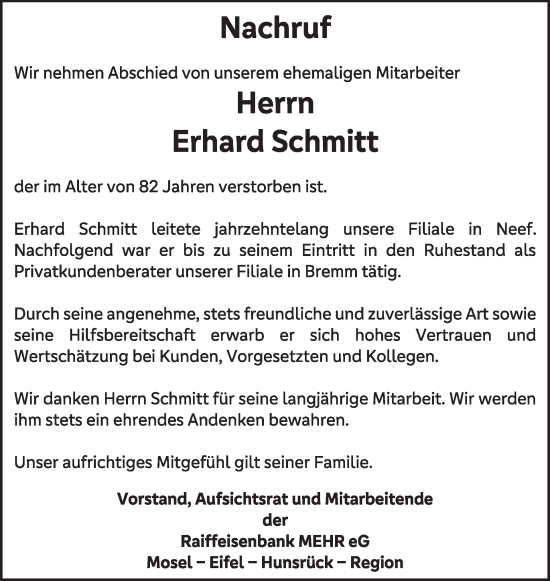 Traueranzeige von Erhard Schmitt von WochenSpiegel
