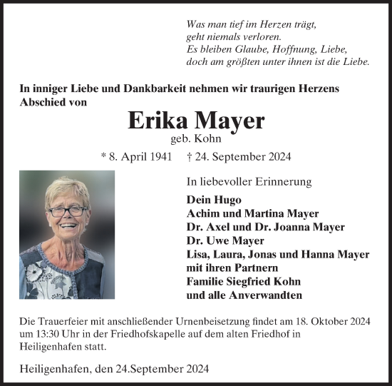 Traueranzeige von Erika Mayer von WochenSpiegel