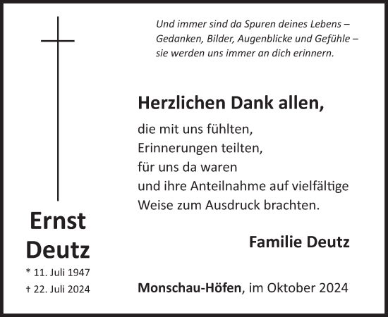 Traueranzeige von Ernst Deutz von WochenSpiegel