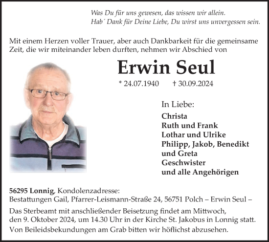 Traueranzeige von Erwin Seul von WochenSpiegel