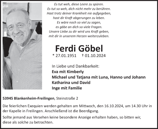 Traueranzeige von Ferdi Göbel von WochenSpiegel