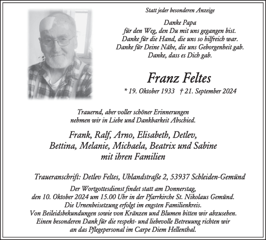 Traueranzeige von Franz Feltes von WochenSpiegel