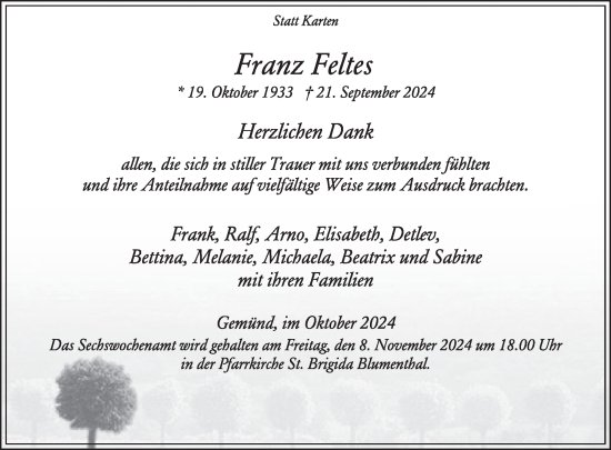 Traueranzeige von Franz Feltes von WochenSpiegel
