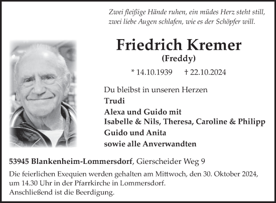 Traueranzeige von Friedrich Kremer von WochenSpiegel