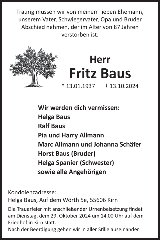 Traueranzeige von Fritz Baus von WochenSpiegel