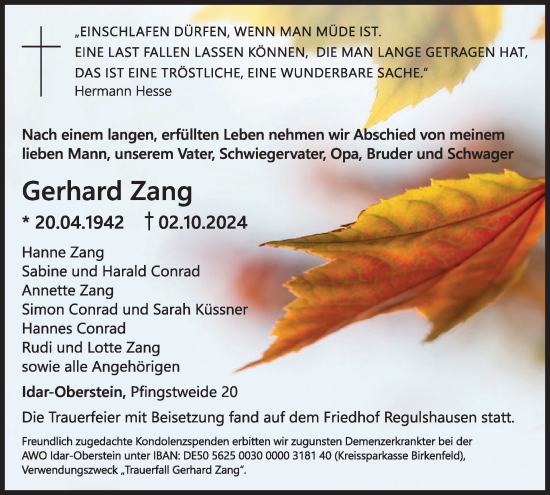 Traueranzeige von Gerhard Zang von WochenSpiegel