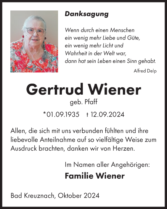 Traueranzeige von Gertrud Wiener von WochenSpiegel