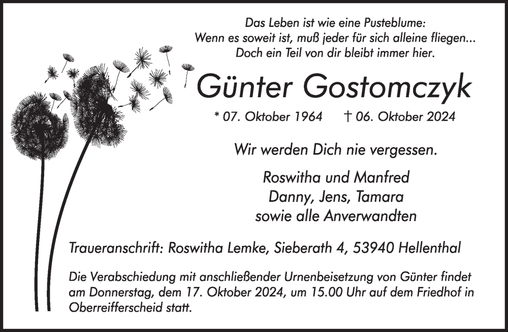  Traueranzeige für Günter Gostomczyk vom 09.10.2024 aus WochenSpiegel