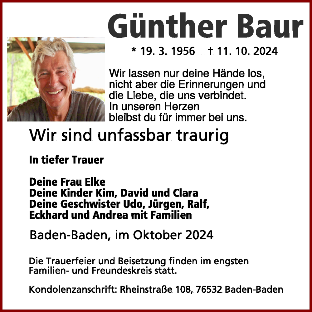  Traueranzeige für Günther Baur vom 26.10.2024 aus WochenSpiegel