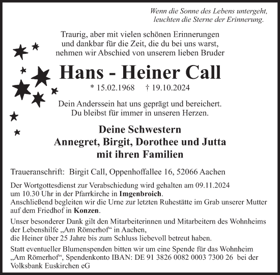 Traueranzeige von Hans-Heiner Call von WochenSpiegel