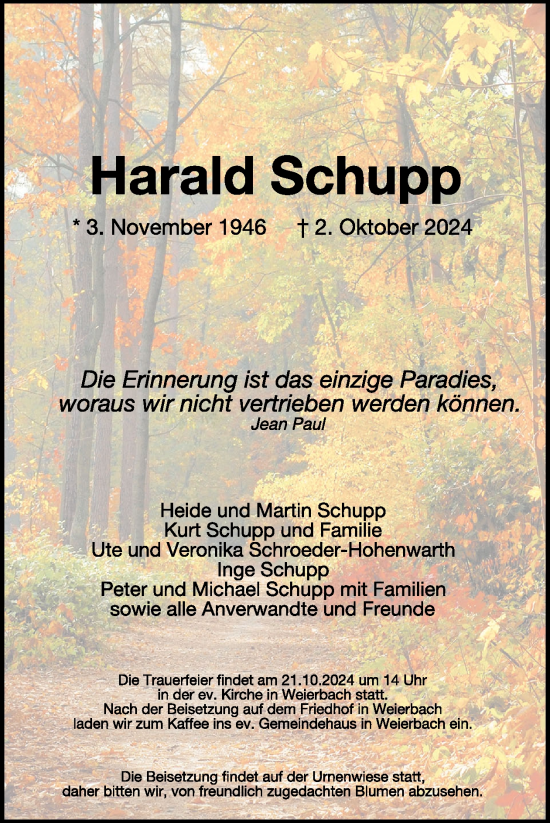 Traueranzeige von Harald Schupp von WochenSpiegel