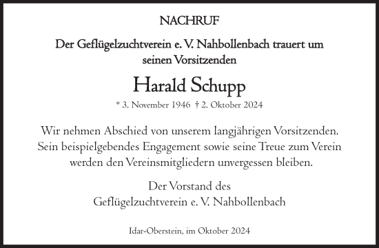 Traueranzeige von Harald Schupp von WochenSpiegel