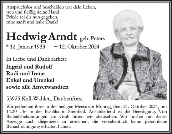 Traueranzeige von Hedwig Arndt von WochenSpiegel