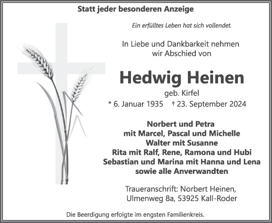 Traueranzeige von Hedwig Heinen von WochenSpiegel