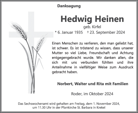 Traueranzeige von Hedwig Heinen von WochenSpiegel