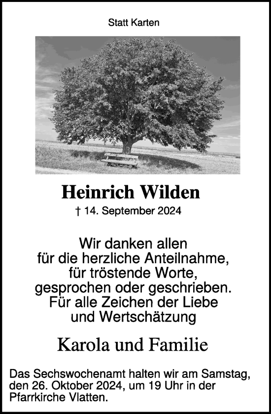 Traueranzeige von Heinrich Wilden von WochenSpiegel