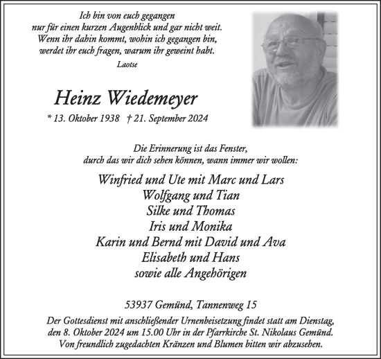 Traueranzeige von Heinz Wiedemeyer von WochenSpiegel