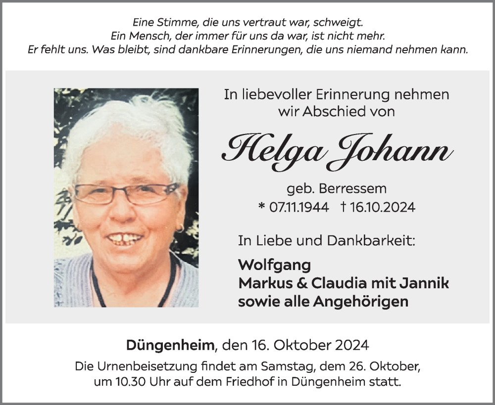  Traueranzeige für Helga Johann vom 23.10.2024 aus WochenSpiegel