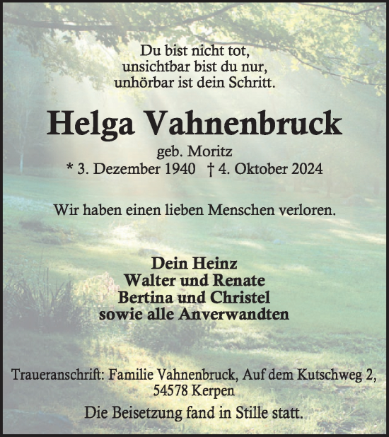 Traueranzeige von Helga Vahnenbruck von WochenSpiegel