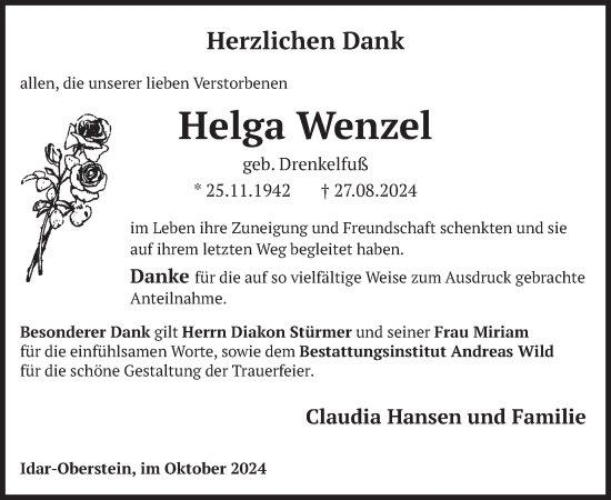 Traueranzeige von Helga Wenzel von WochenSpiegel