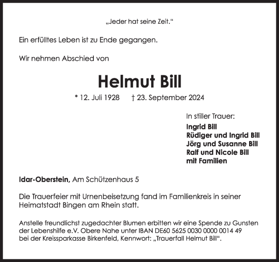 Traueranzeige von Helmut Bill von WochenSpiegel