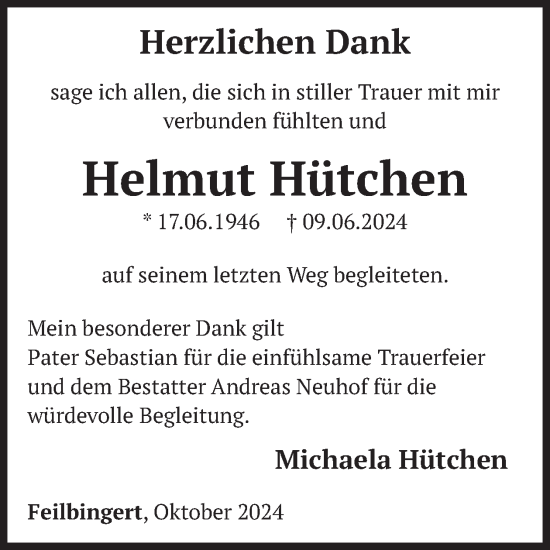 Traueranzeige von Helmut Hütchen von WochenSpiegel