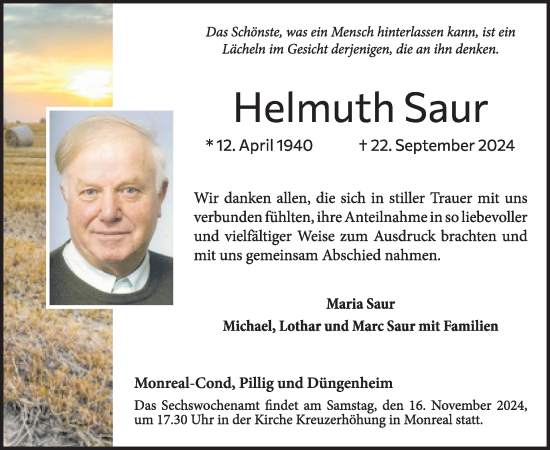 Traueranzeige von Helmuth Saur von WochenSpiegel