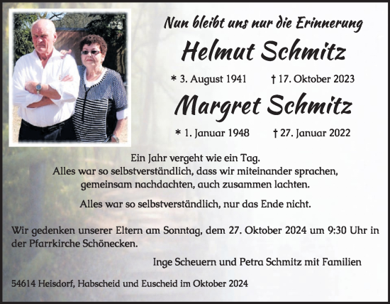 Traueranzeige von Helmut und Margret Schmitz von WochenSpiegel