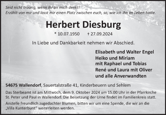 Traueranzeige von Herbert Diesburg von WochenSpiegel