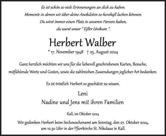 Traueranzeige von Herbert Walber von WochenSpiegel