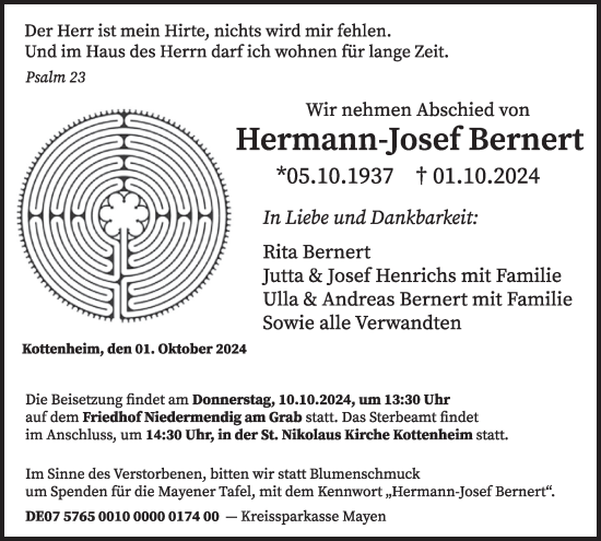 Traueranzeige von Hermann-Josef Bernert von WochenSpiegel