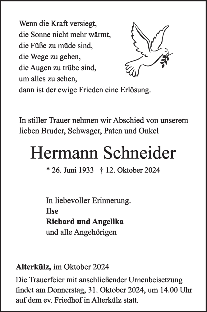  Traueranzeige für Hermann Schneider vom 26.10.2024 aus WochenSpiegel
