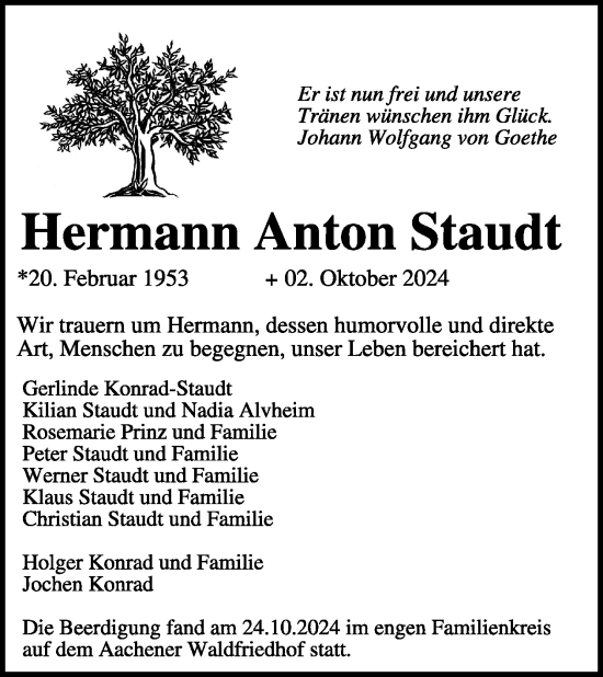 Traueranzeige von Hermann Anton Staudt von WochenSpiegel