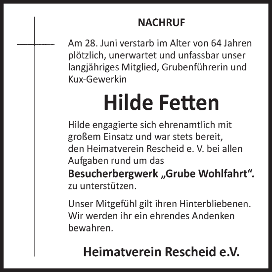 Traueranzeige von Hilde Fetten von WochenSpiegel