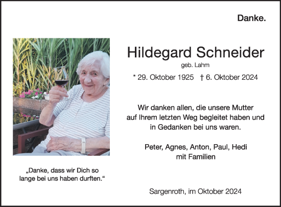 Traueranzeige von Hildegard Schneider von WochenSpiegel