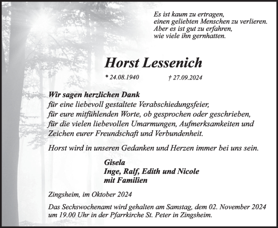 Traueranzeige von Horst Lessenich von WochenSpiegel