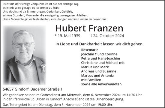 Traueranzeige von Hubert Franzen von WochenSpiegel