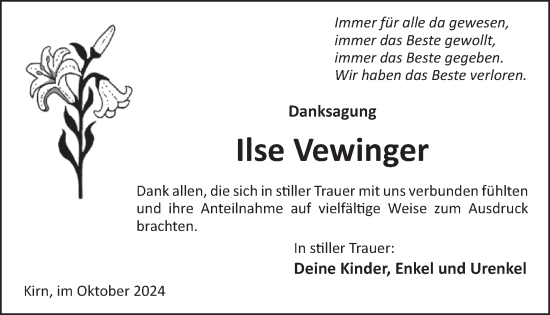 Traueranzeige von Ilse Vewinger von WochenSpiegel